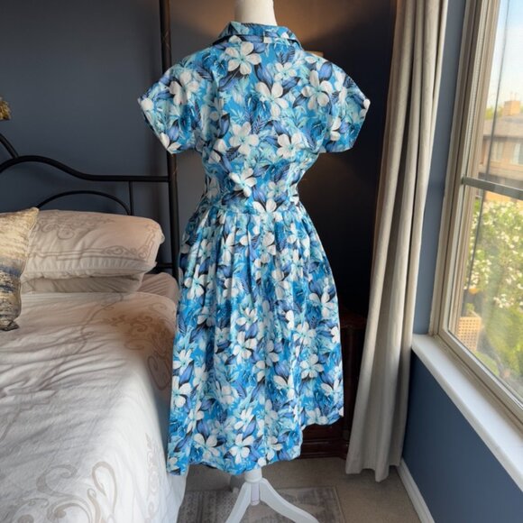 Vivien of Holloway Retro Kitty Plumeria Blue 50s Style Cotton Dress - Picture 8 of 14